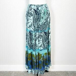 Forbidden Los Angeles Small Boho Artsy Fairycore Tiered Maxi‎ Skirt Blue Paisley
